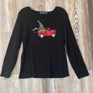 Karen Scott long sleeve black T-shirt with beaded Christmas truck, L